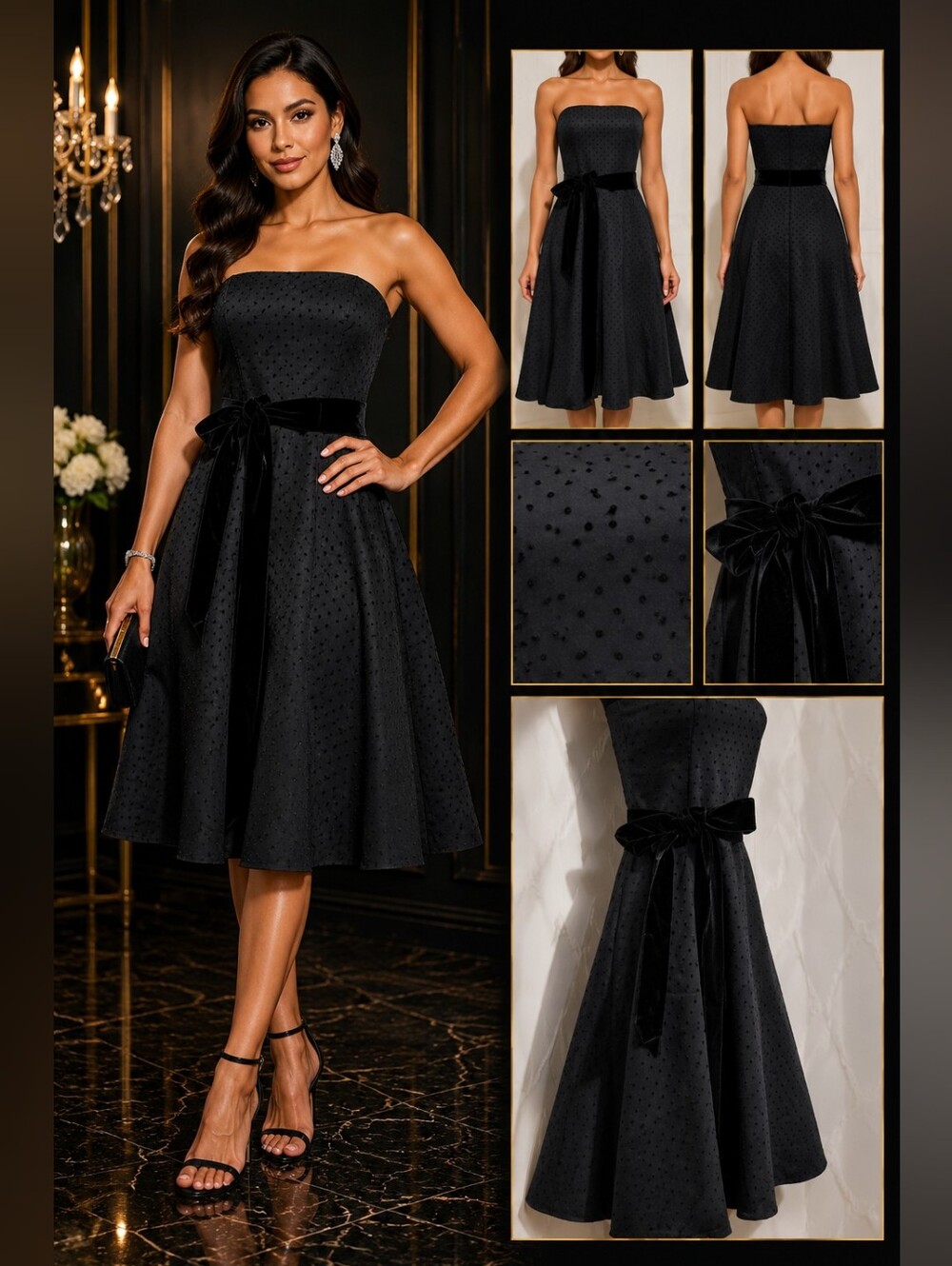 Rampage Vintage Black Polka Dot Strapless Midi Dress | Velvet Sash Fit & Flare